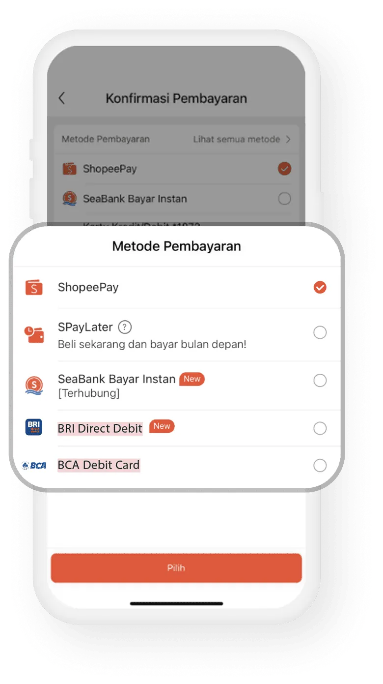 Pembayaran dapat dilakukan menggunakan ShopeePay, SPayLater, SeaBank Bayar Instan, serta kartu kredit dan debit