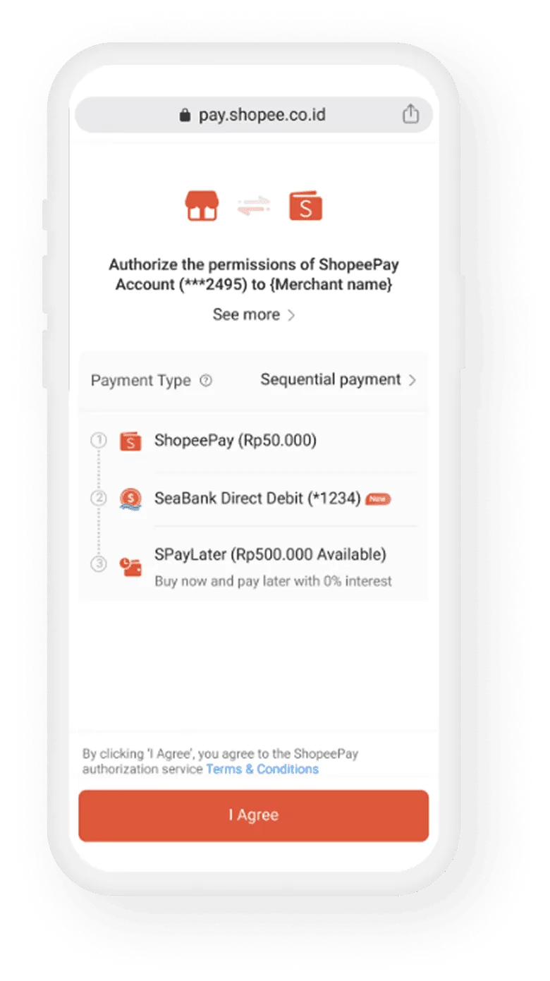 Pembayaran dapat dihubungkan dengan ShopeePay, SPayLater, SeaBank Bayar Instan, serta kartu kredit dan debit