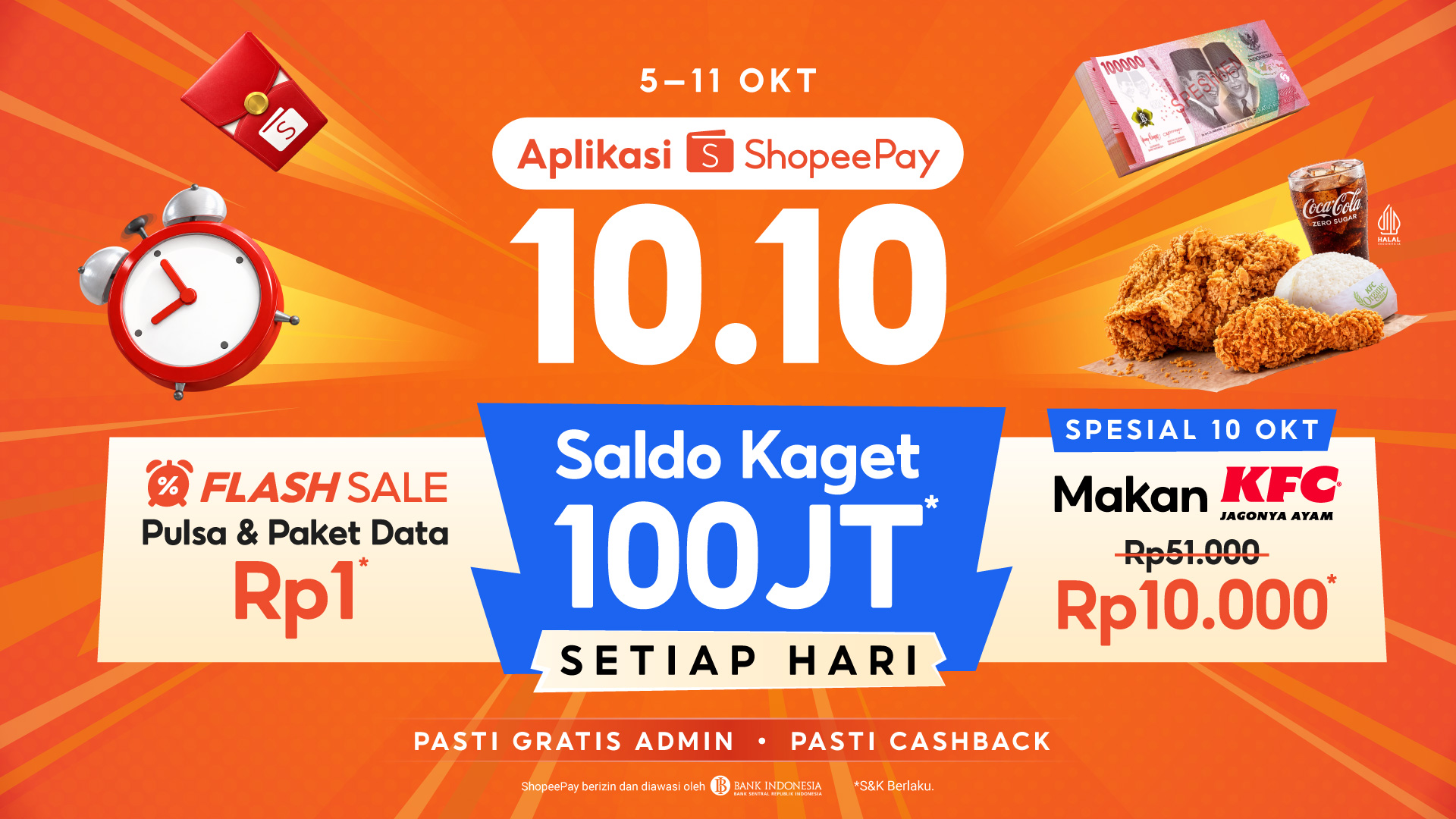 Promo ShopeePay 10.10: Ada Pulsa Rp1, Saldo Kaget 100 Juta hingga KFC 10RB!